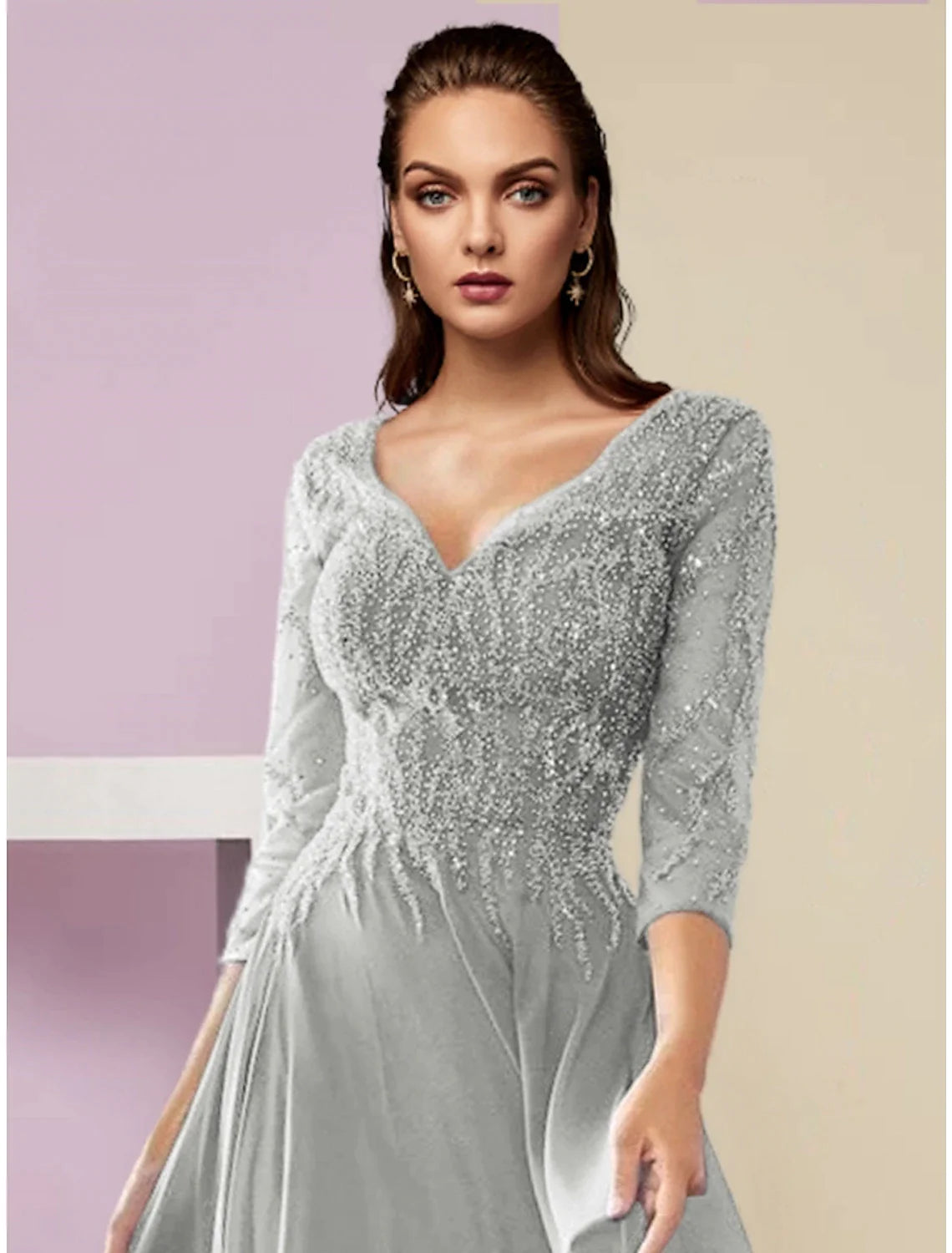 Wholesale A-Line Mother of the Bride Dress Wedding Guest Party Elegant V Neck Floor Length Chiffon 3/4 Length Sleeve with Sequin Ruching